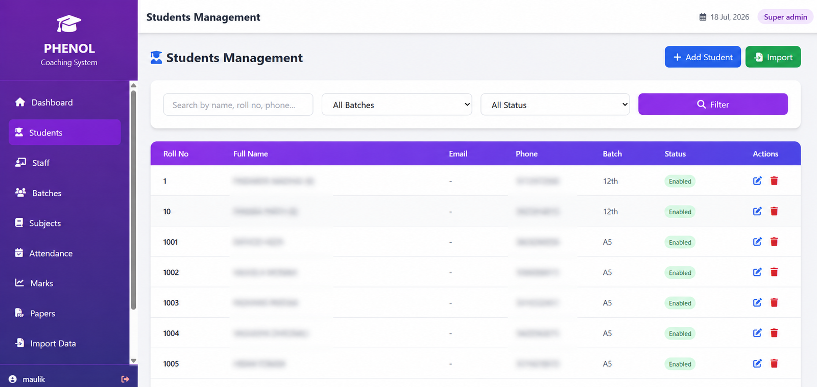Student Management Interface